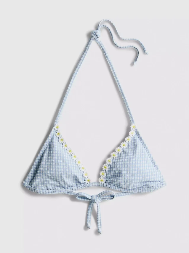 Daisy-koristeinen gingham-kuvioinen kolmiomainen bikiniliivi