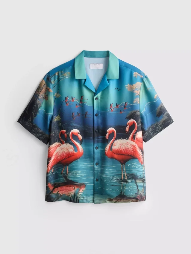 Flamingokuvioinen lyhythihainen kauluspaiti