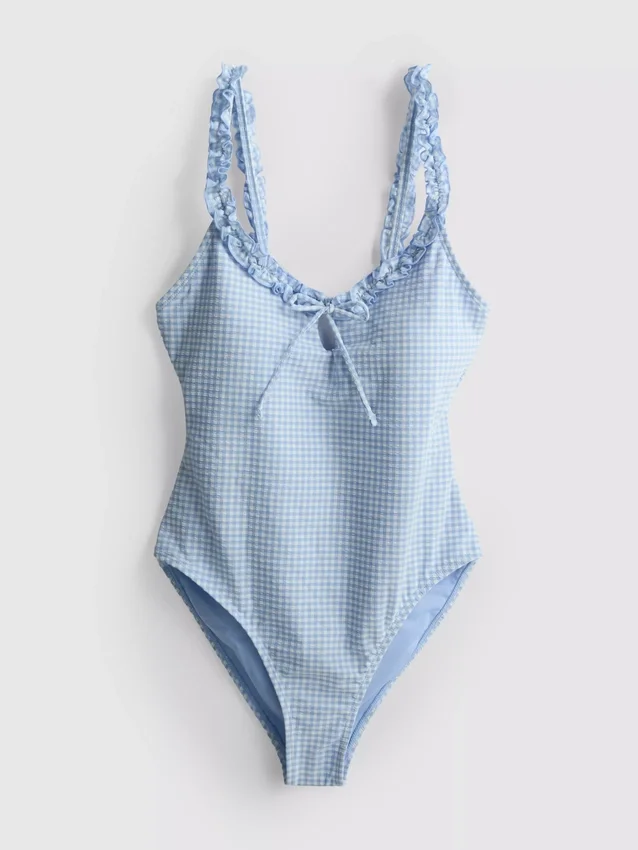 Gingham-kuvioinen röyhelöinen uimapuku