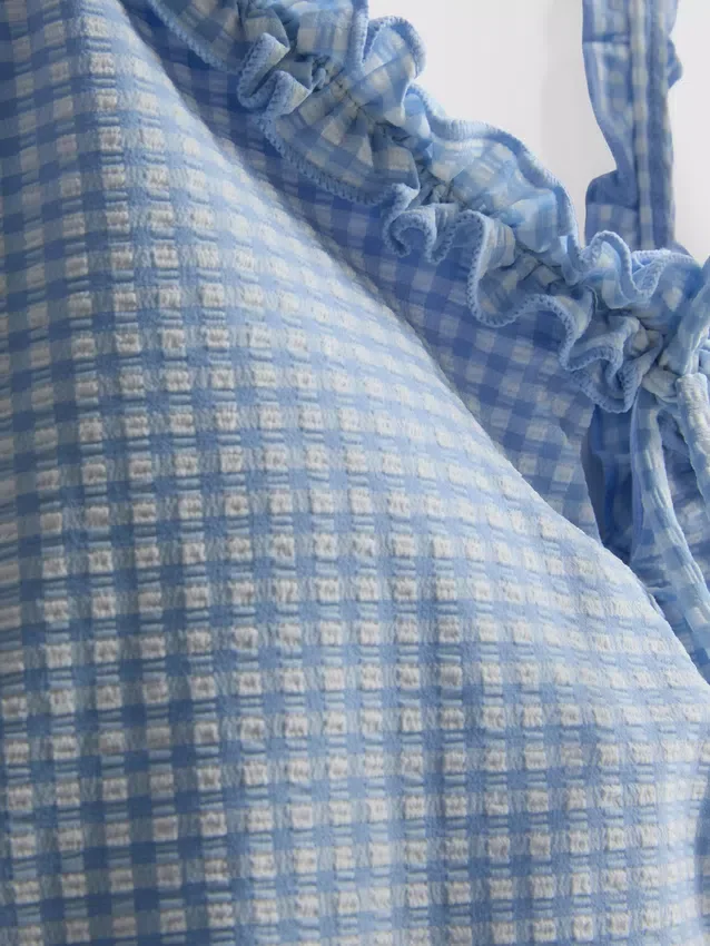 Gingham-kuvioinen röyhelöinen uimapuku