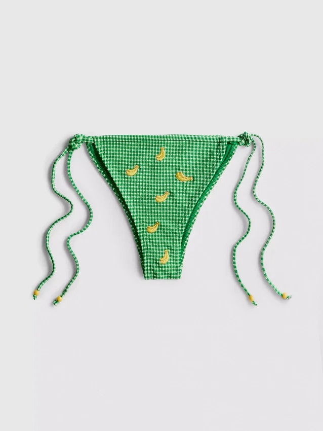 Gingham-kuvioiset, sivusta solmittavat banaanimalliset bikinialushousut
