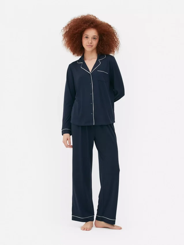 Jersey-neulottu pitkähihainen boyfriend-pyjamat-seti