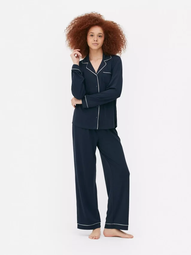 Jersey-neulottu pitkähihainen boyfriend-pyjamat-seti