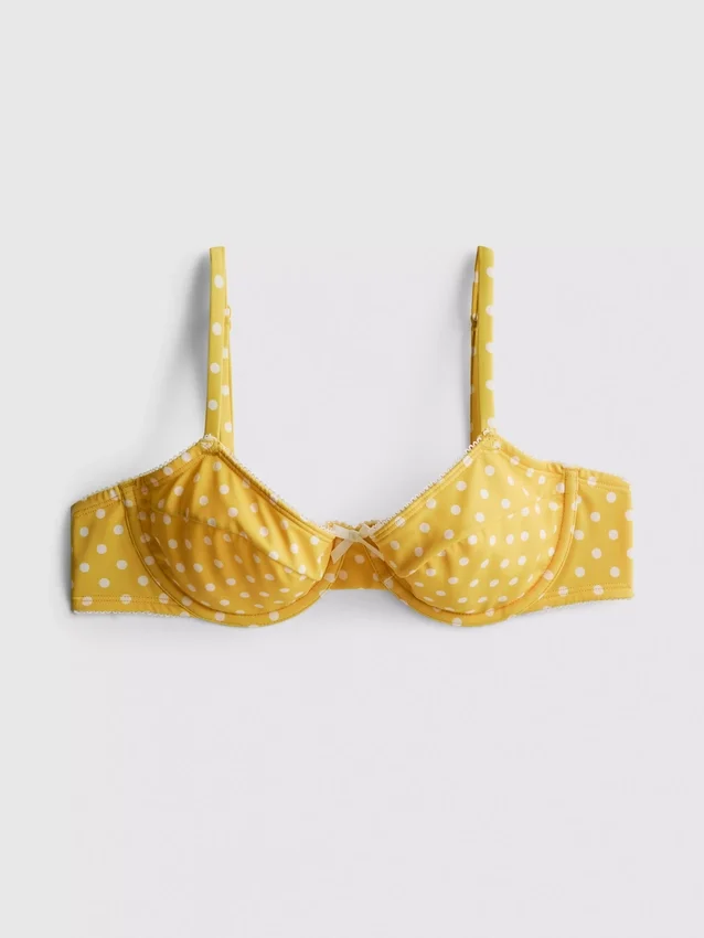 Kaarituellinen, sydänkaula-aukkoinen, pilkullinen bikiniliivi