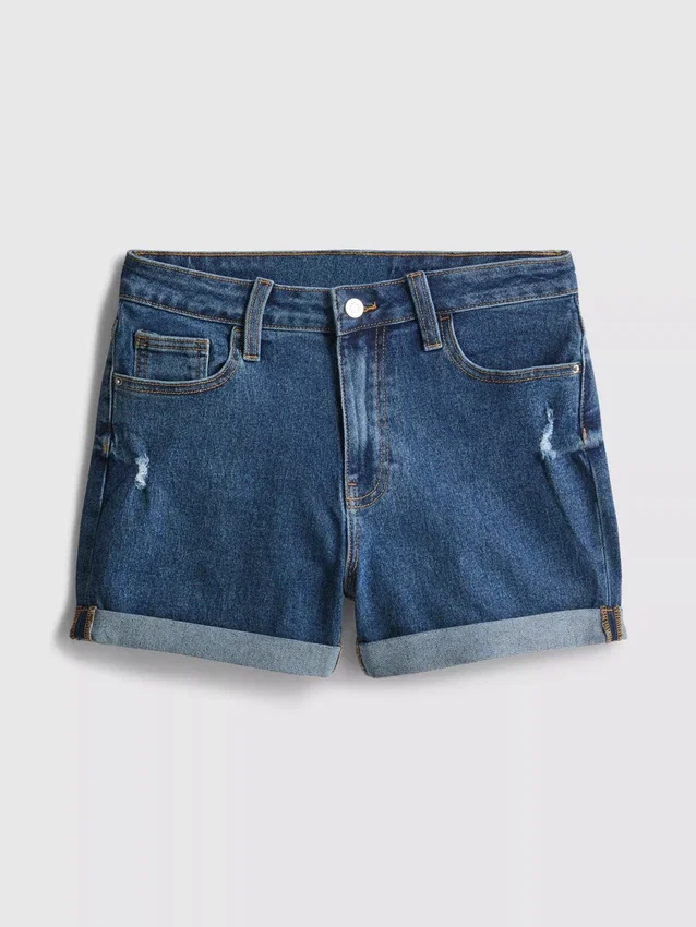 Keskikorkeat, ylös käännettävät denimshortsit