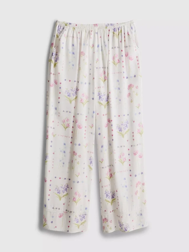 Kukka-kuvioiset, leveälahkeiset pyjamahousut