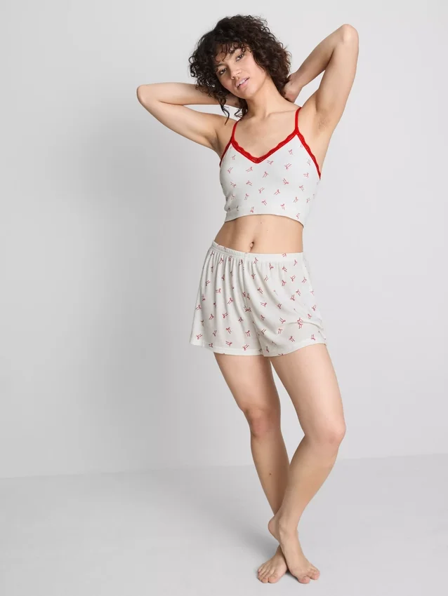 Painetut ribbineulotut pyjamat-shortsit