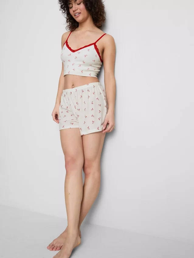 Painetut ribbineulotut pyjamat-shortsit