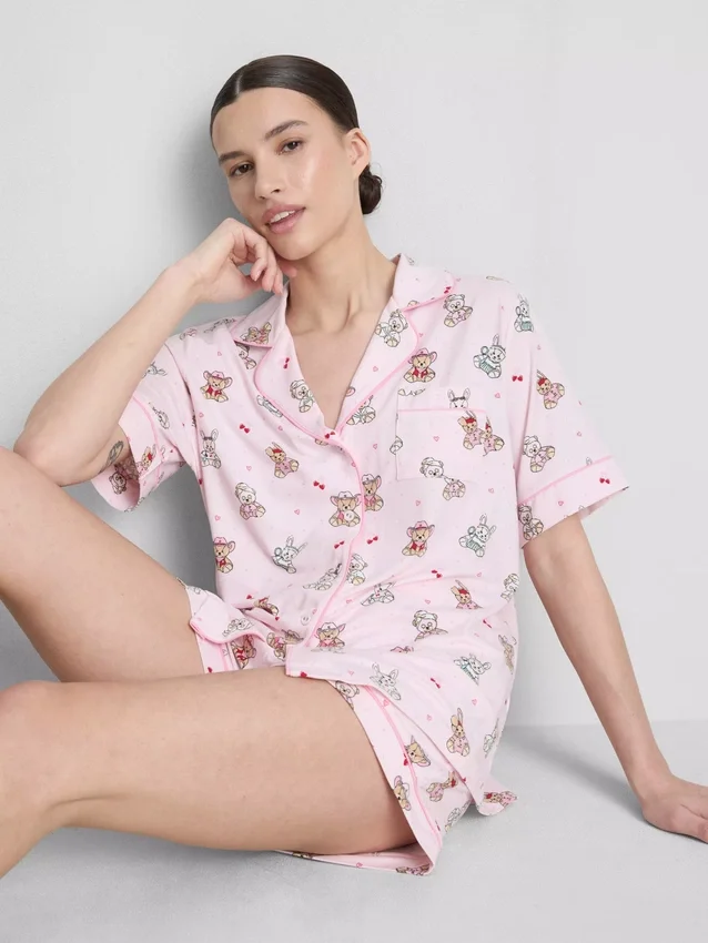 Painetut teddy-tyyliset boyfriend-lyhyet pyjamat