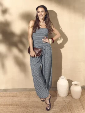 Paula Echevarría -gingham-ruusukoristeinen bandeau-toppi