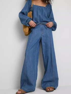 Paula Echevarría -puuvillapitoiset denimhousut, leveät lahkeet