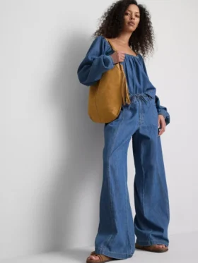 Paula Echevarría -puuvillapitoiset denimhousut, leveät lahkeet