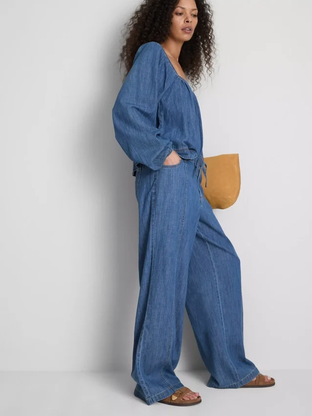 Paula Echevarría -puuvillapitoiset denimhousut, leveät lahkeet