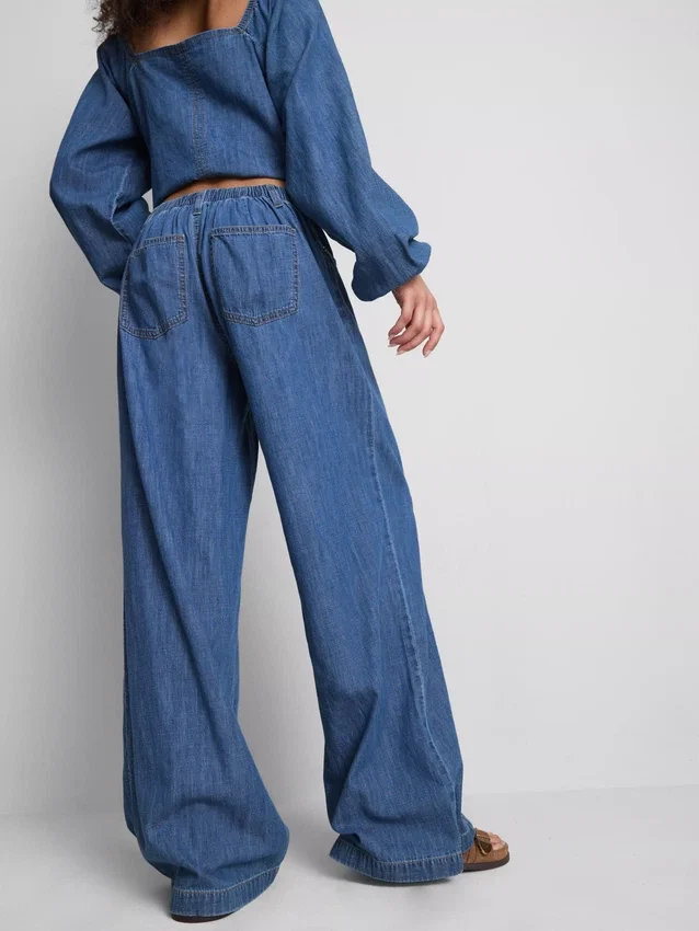Paula Echevarría -puuvillapitoiset denimhousut, leveät lahkeet