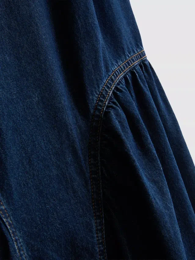 Puuvilladenim-midi-meko, jossa on matala vyötärö