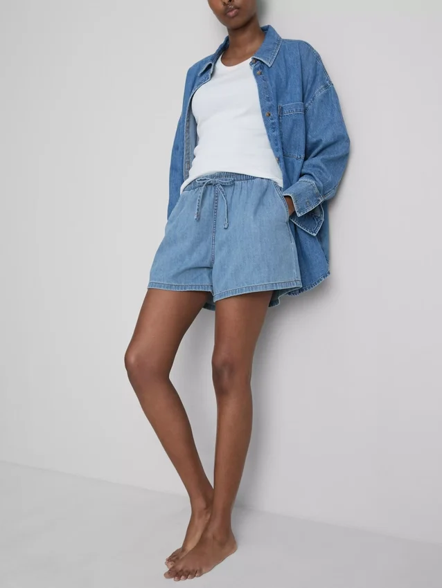Puuvilladenimiset jogger-shortsit