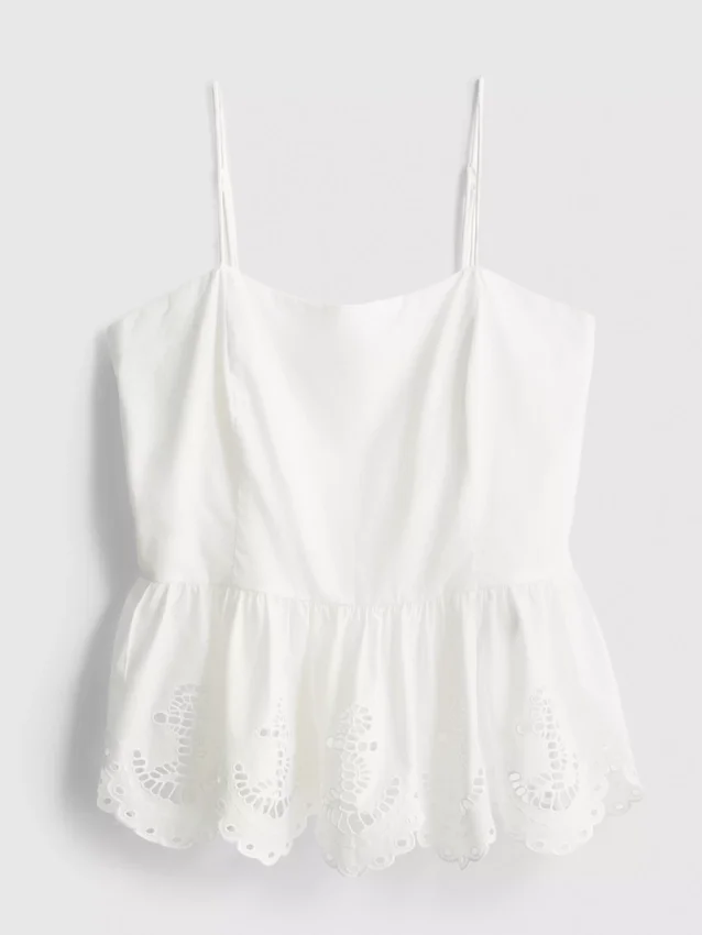Puuvillainen, brodeerattu peplum-helkainen cami-toppi