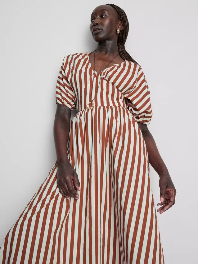 Puuvillainen raidallinen midaxi-tyylinen smock-mekko