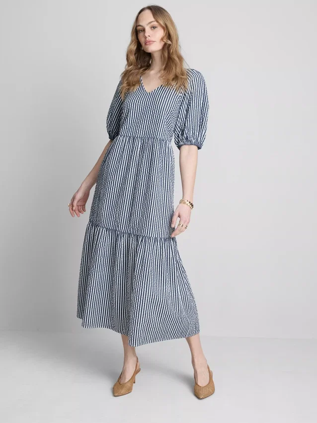 Puuvillainen seersucker-midimittainen smock-meko