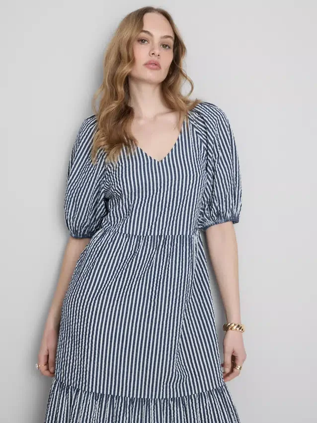 Puuvillainen seersucker-midimittainen smock-meko