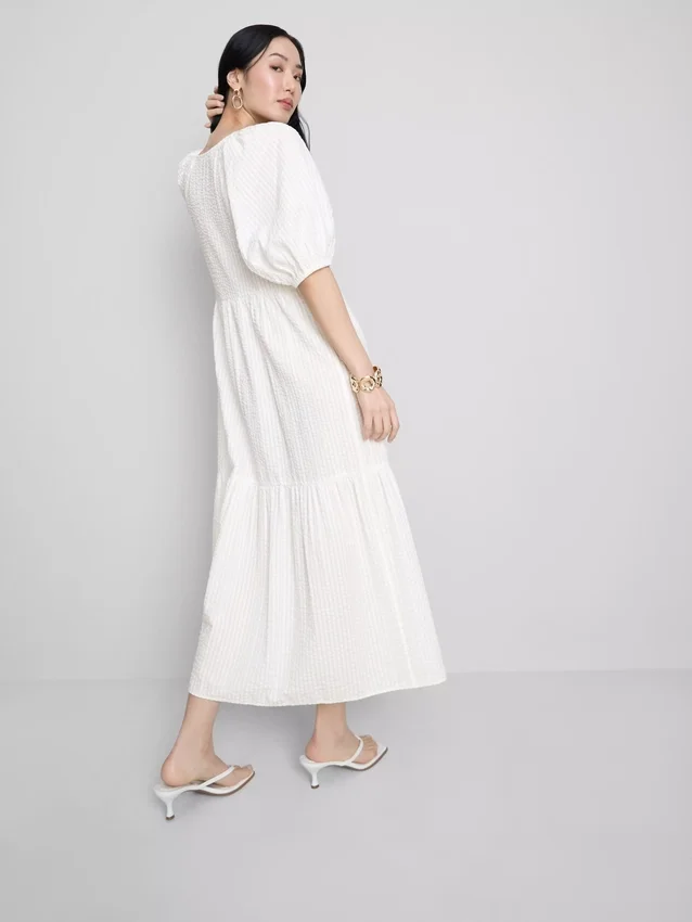 Puuvillainen seersucker-midimittainen smock-meko