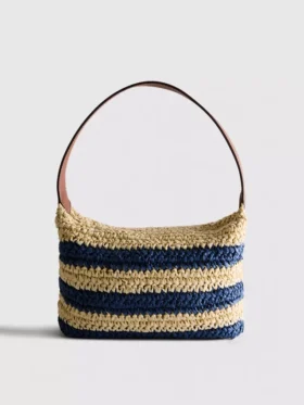 Raidallinen raffia-olkalaukku