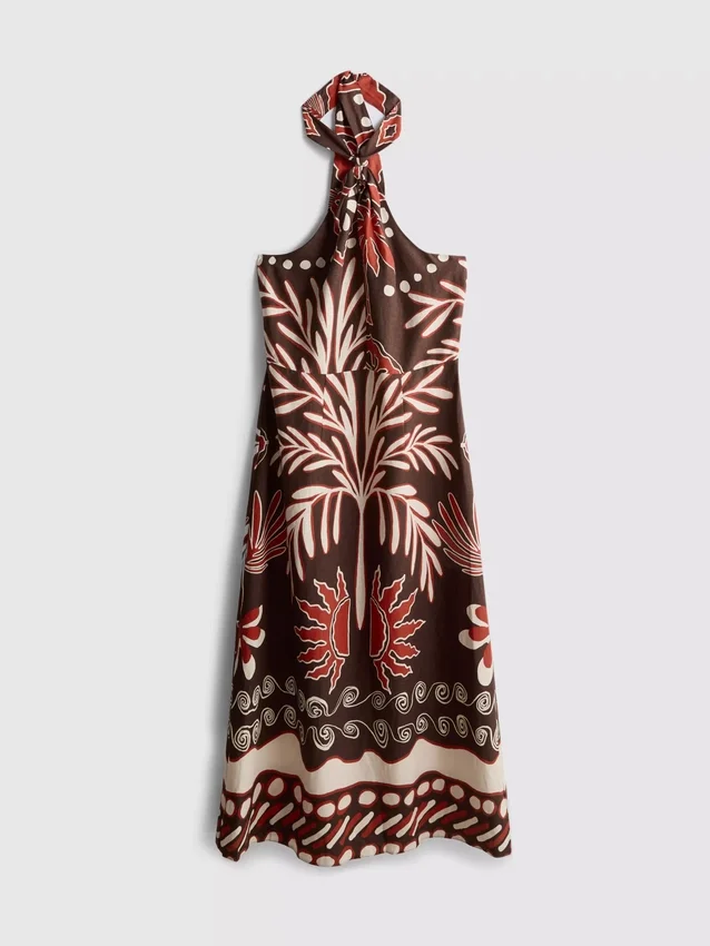 The Edit -merkin pellavaseoksesta valmistettu painettu halter-midi-mekko